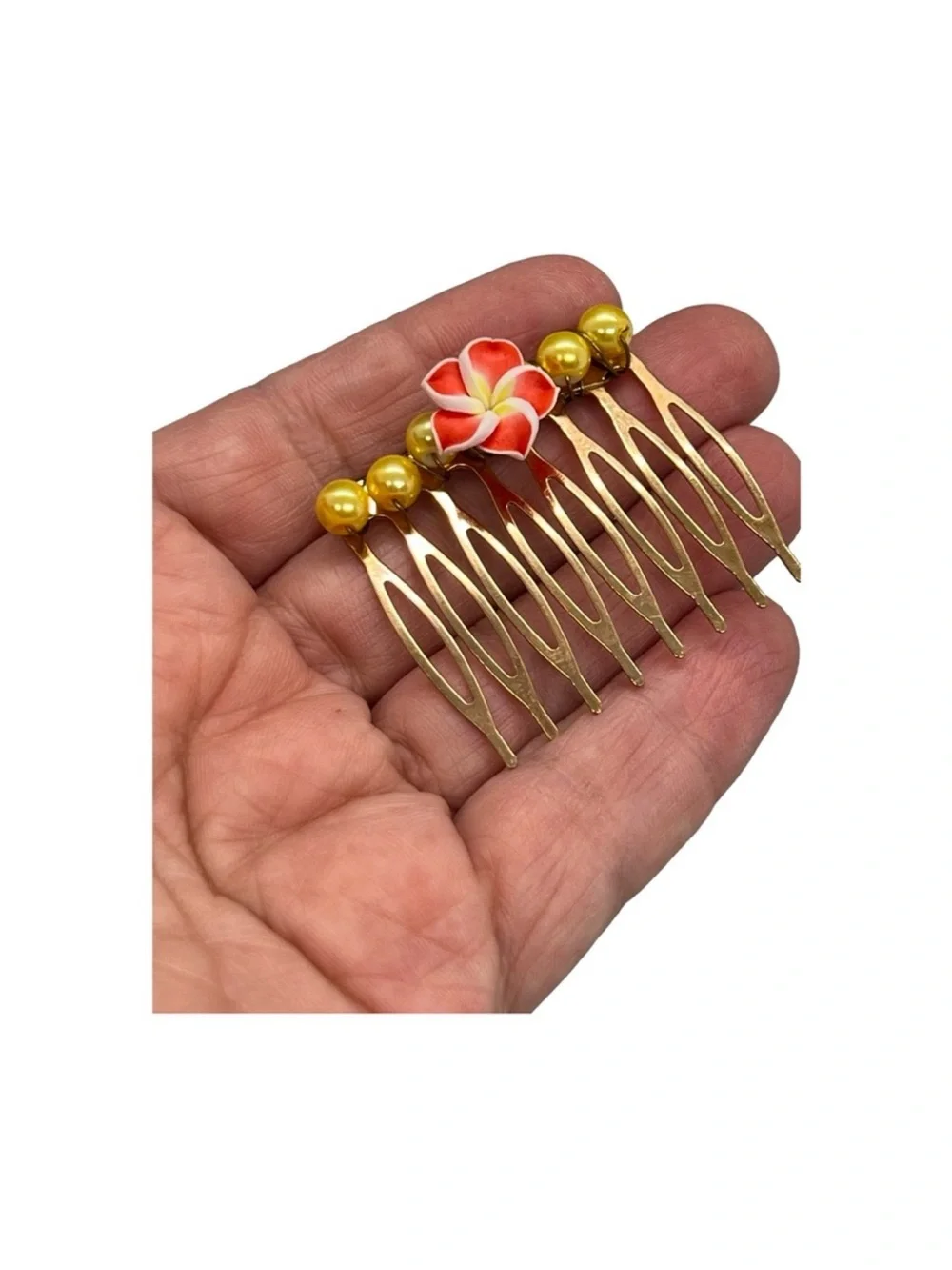 Gold Floral Hair Comb with Red-Orange Plumeria Accent